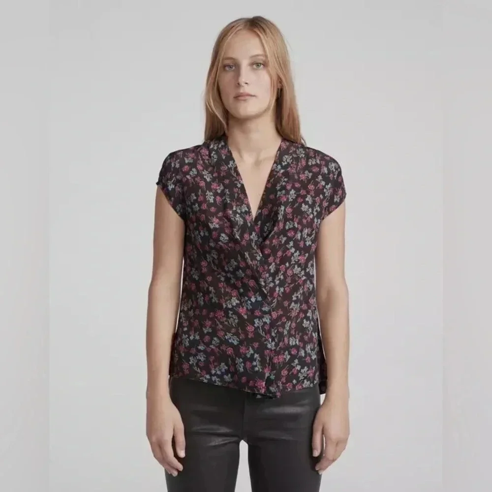 Rag & Bone 100% Silk Shields Short Sleeve Top V-neck Floral Blouse sz XXS / TTP